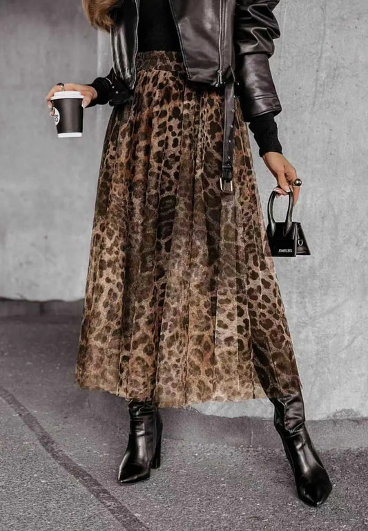 Falda larga de tul print animal