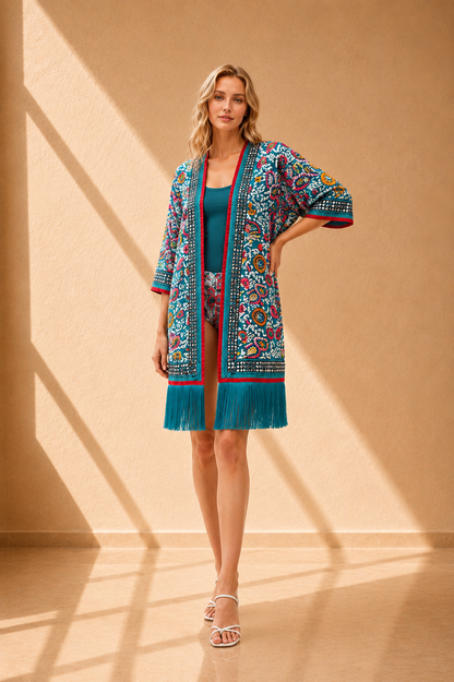 Kimono Floral con Flecos